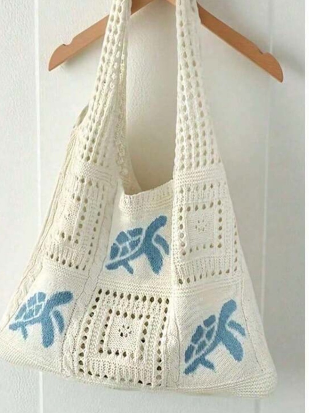 Cream Crochet Tote Bag with Blue Turtle Motif